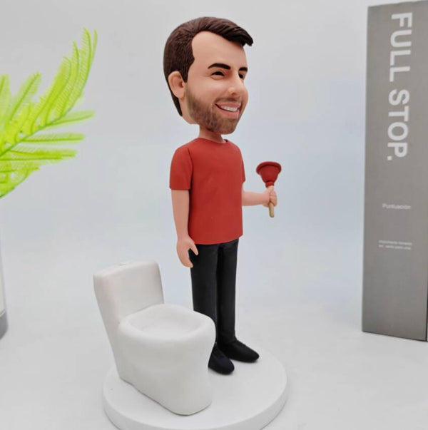 Plumber Bobble Head Funny Repairman beside Toilet