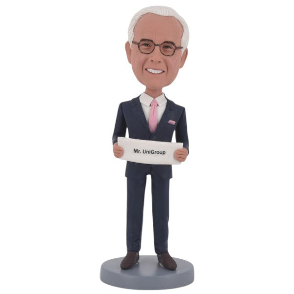 Custom Bobblehead holding sign/logo