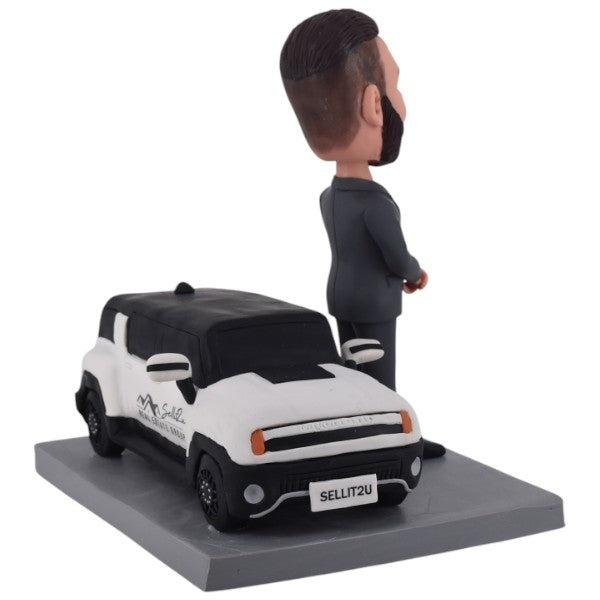 Customized Bobblehead Leaning Against Car
