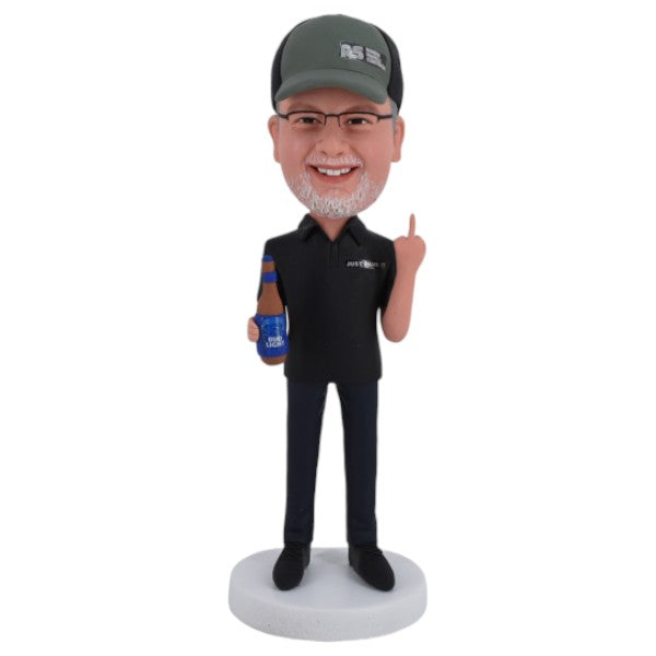 Custom Bobblehead holding a beer and giving the middle finger