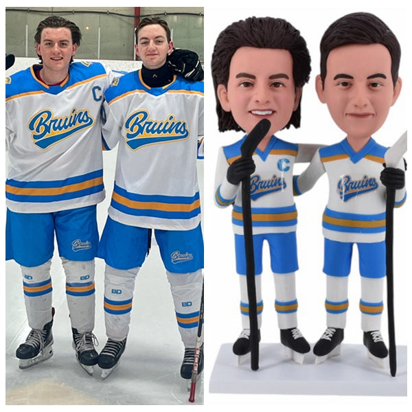 Custom double Hockey male Bobbleheads personalized from photo for hockey fans