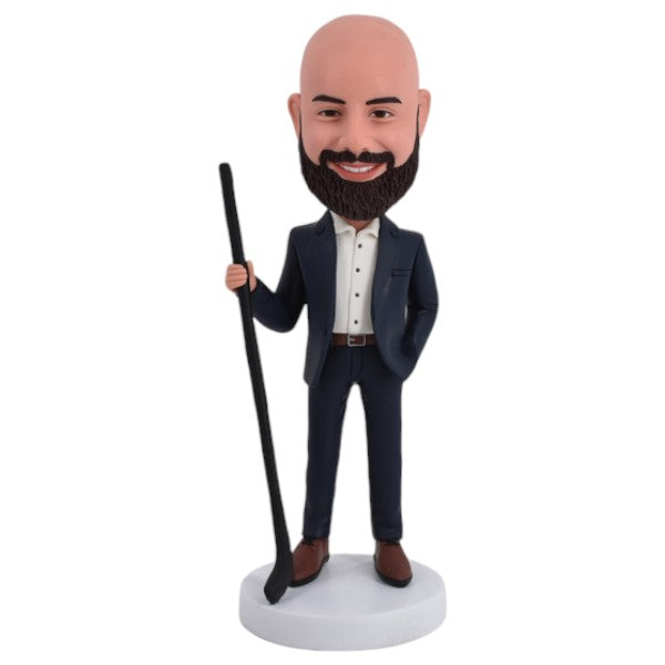 Custom hockey coach Bobblehead holding Stick personalized sports gift