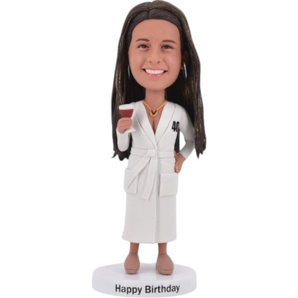 Customized Female Bobble Head in Bathrobe Holding Wine