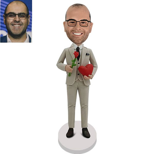 His Bobblehead holding heart or rose