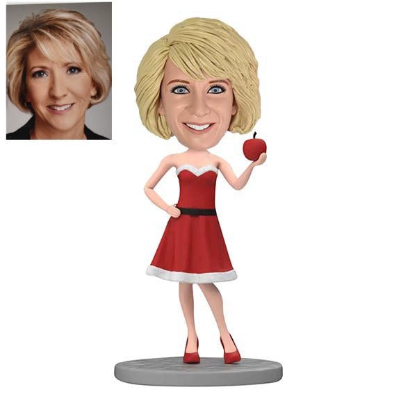 Custom Christmas Party Girl Bobblehead with an Apple