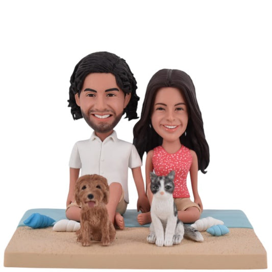 Personalized Couple Bobblehead Sitting on Beach with Pets