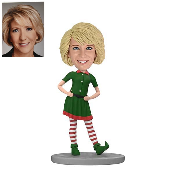 Personalized Cheerful Christmas Elf bobblehead with Hands on Hips