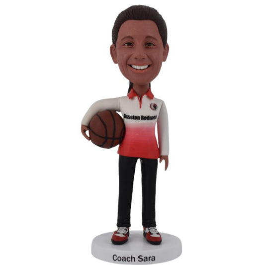 Female Basketball Coach Bobblehead with a Basketball