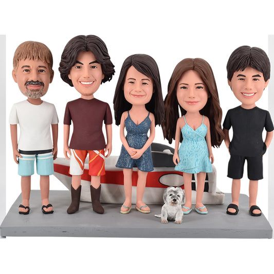 Family Bobbleheads with boat or other big background