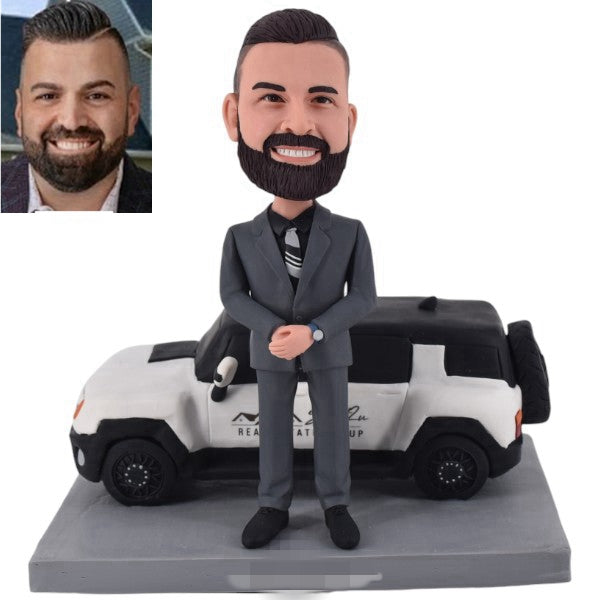 Customized Bobblehead Leaning Against Car