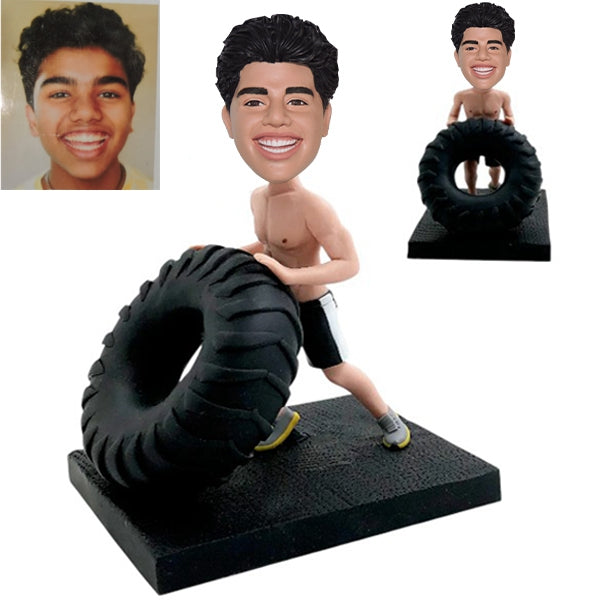 Custom Car Mechanic Bobblehead pushing tire