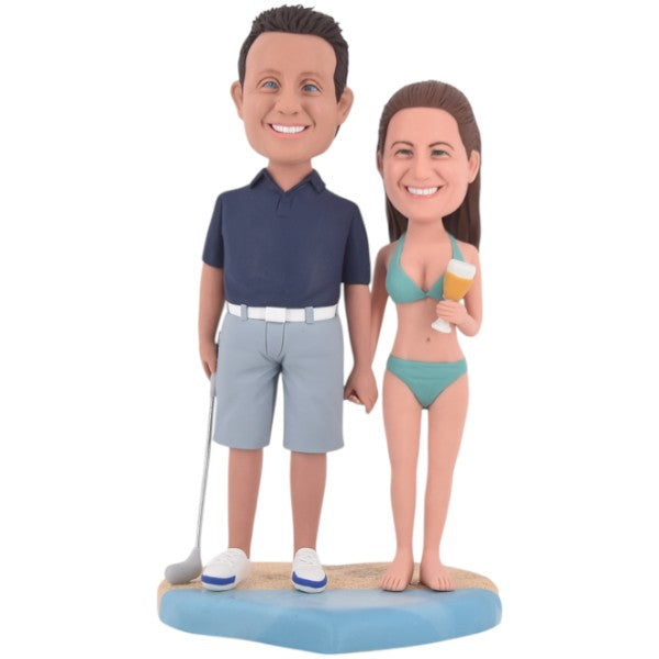 Custom Couple bobble head playing golf golfer on beach