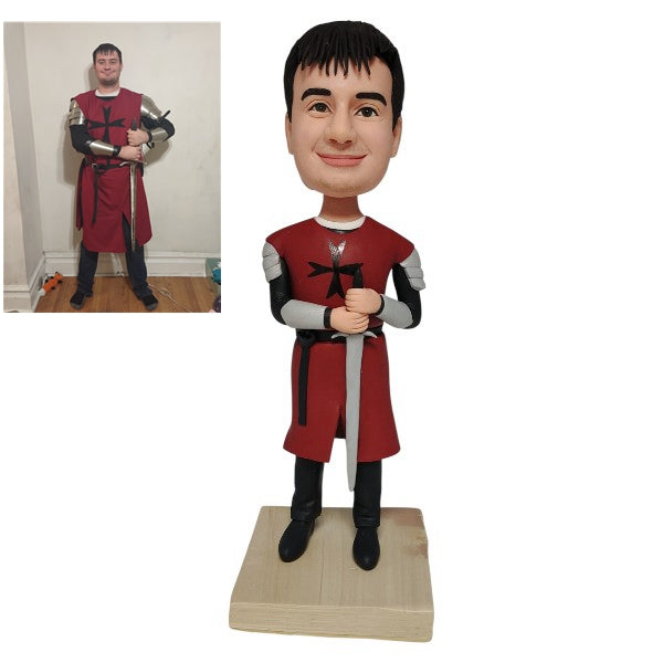 Custom Knight Bobblehead with sword and cross logo Personalized figurine from Photo