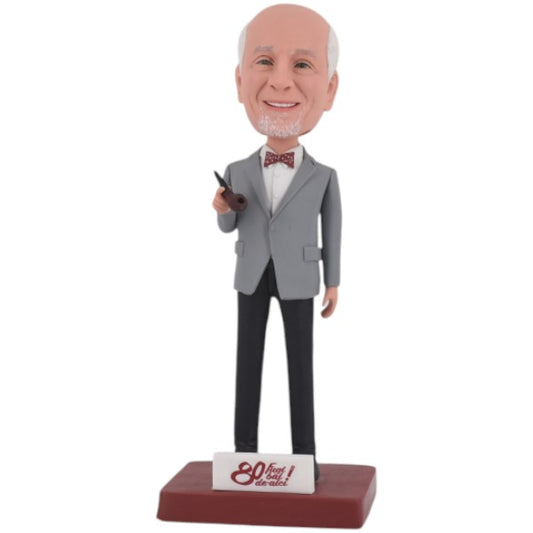 Custom Retirement bobblehead doll holding smoke pipe retired man
