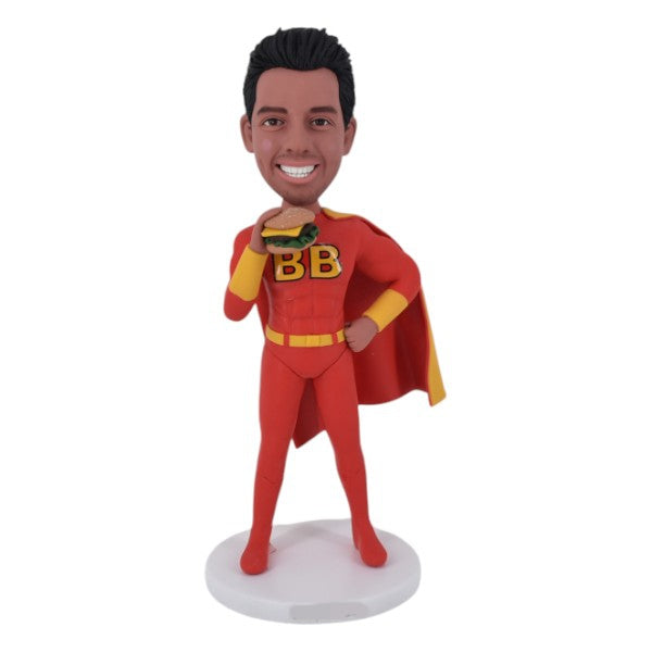Custom Superhero Bobblehead holding a hamburger superman design