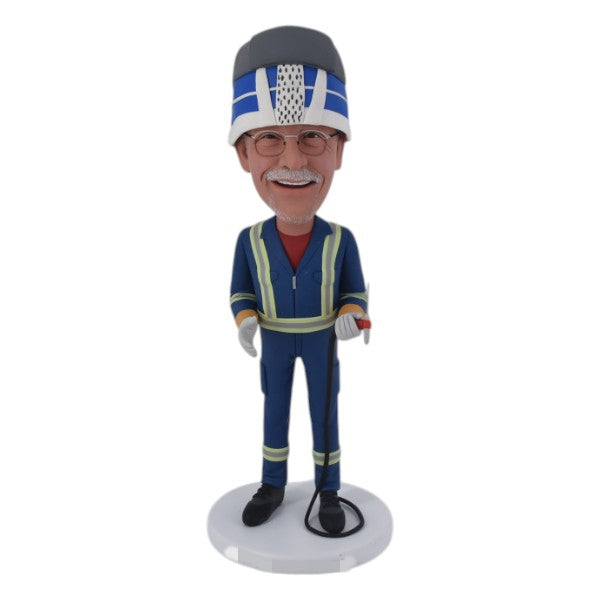 Custom Welding Bobblehead with welder hat holding electric handheld tool 