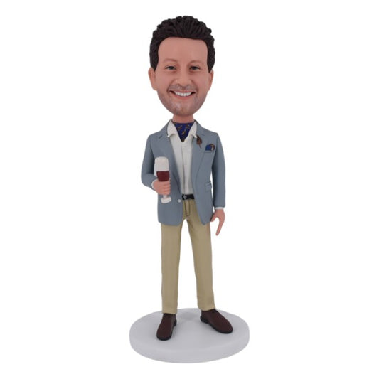 Custom bobblehead holding wine bottle 