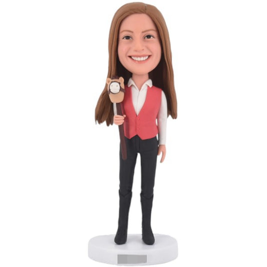 Custom female bobble head holding stick horse