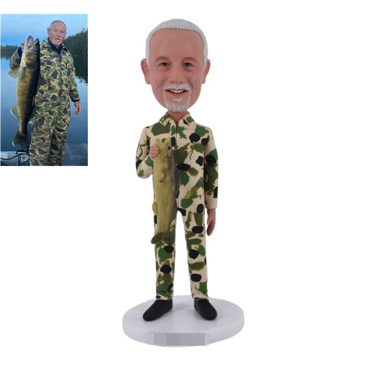 Custom fisher fisherman Bobble head in Camouflage waders from photo fishing gift