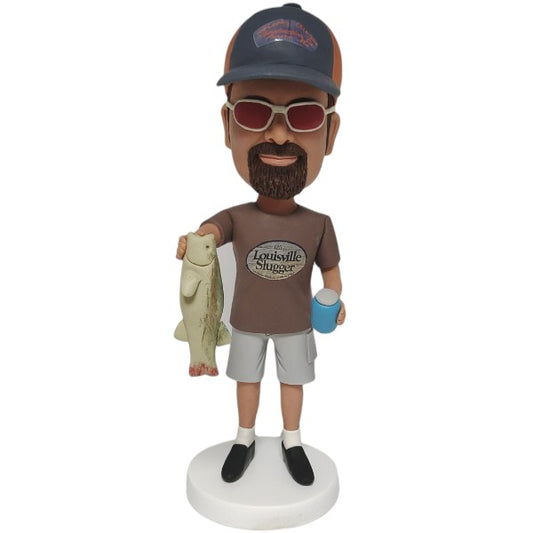 Custom fishing bobble head holding fish and beer fisher