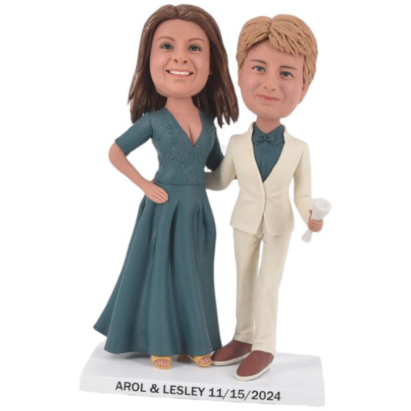 Lesbian Custom Wedding Bobblehead Cake Topper for two brides