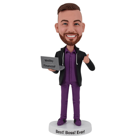 Bobblehead with computer thumb up technology IT