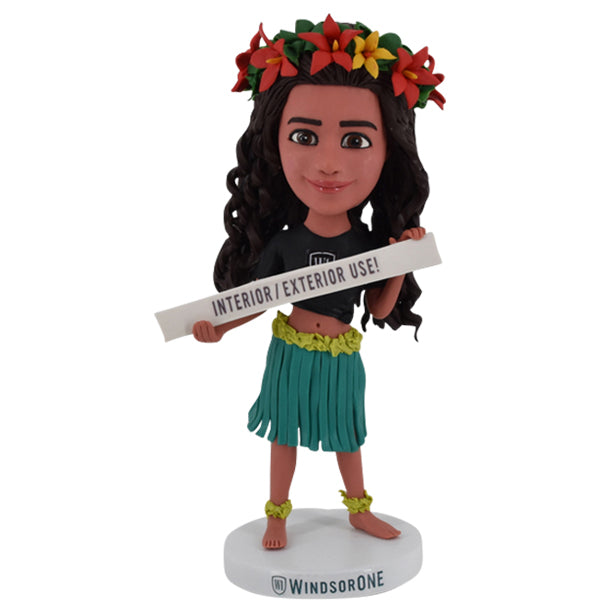 Hula Girl Bobblehead holding logo