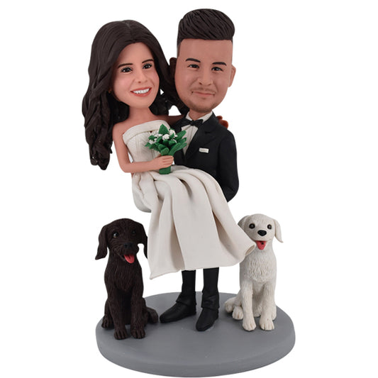 Personalized bobbleheads Groom carrying bride with dogs