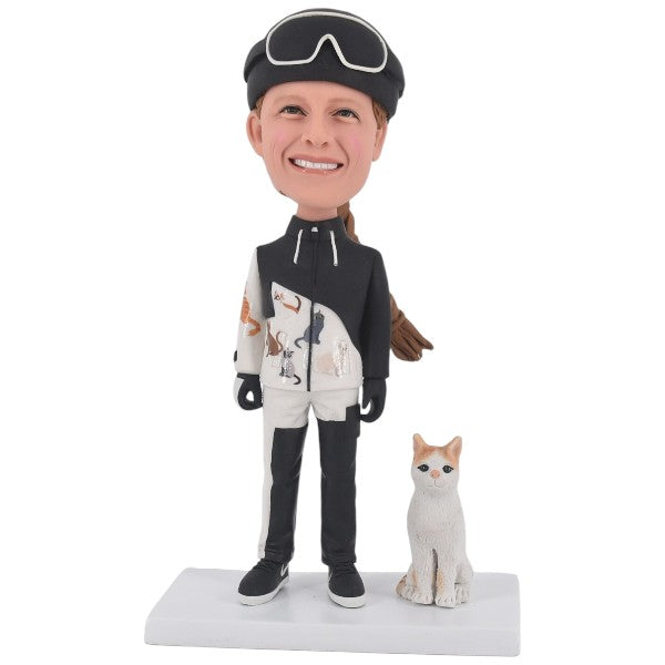 Skiing Bobblehead Custom skier in skiing suit with cat