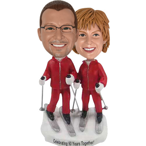 Custom Bobbleheads Skiing Couple Celebrating Anniversary