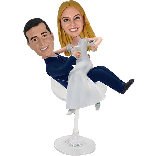 Custom Wedding Bobbleheads Cheering on Wine Glass